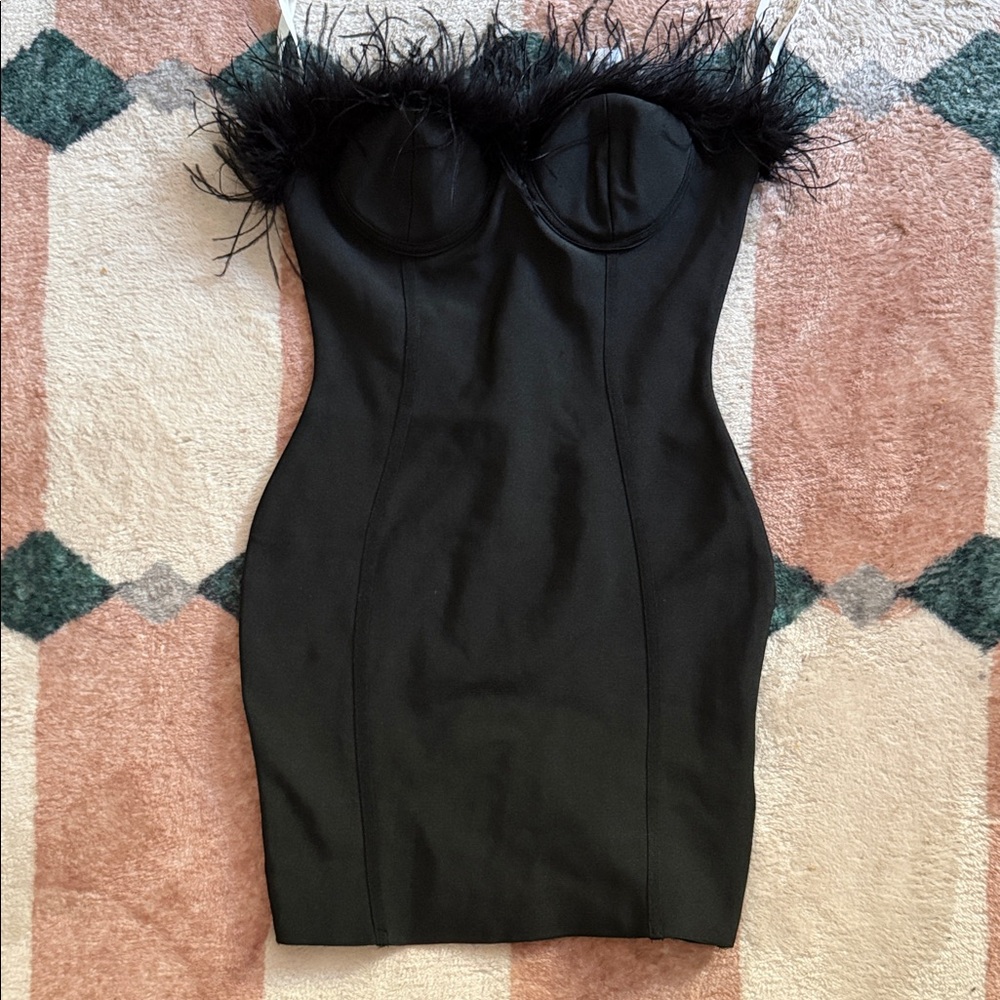 Superdown Black Strapless Dress with Feather Trim